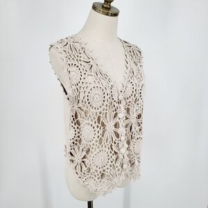 Vintage Hand Knit Floral Vest Tan Linen Cotton Boho Small